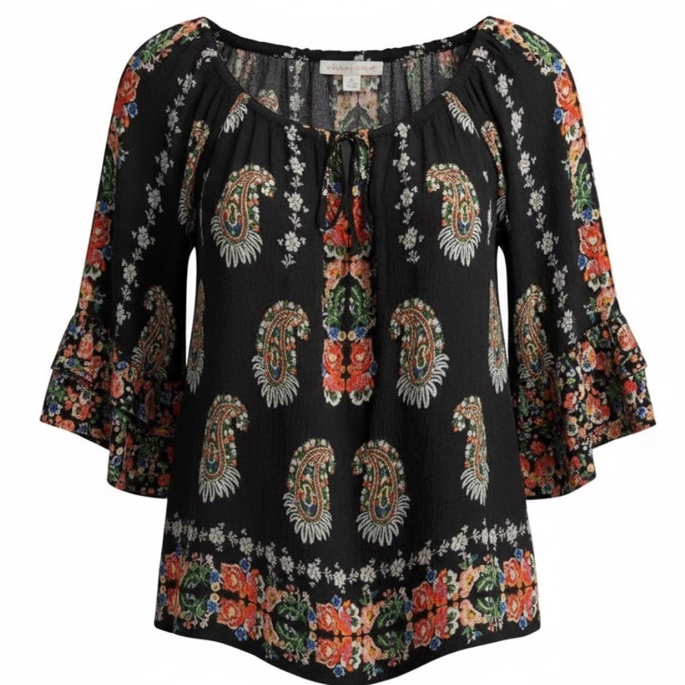 Bila black floral and paisley print boho peasant blouse